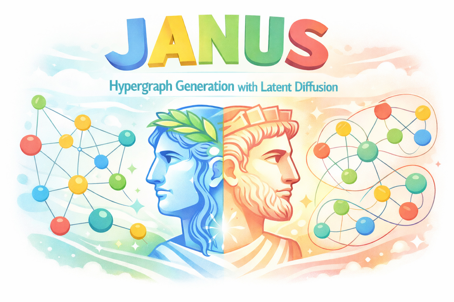Janus: Hypergraph Generation with Latent Diffusion, illustrated with a two-faced Janus and hypergraph structures